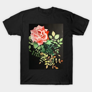 Pink rose watercolor painting with rose leaves and a dark background T-Shirt